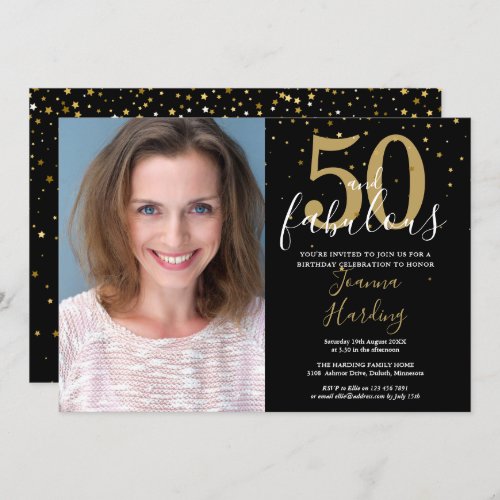50 and Fabulous Gold Black 50th Birthday Photo Inv Invitation