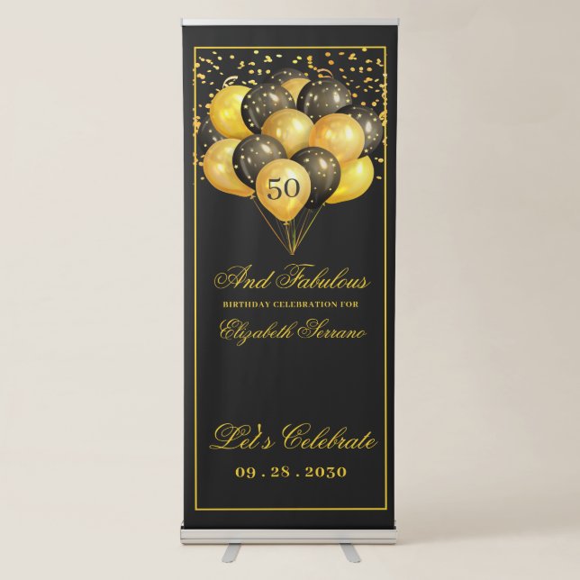 50 And Fabulous Gold Black Birthday Party Retractable Banner (Front)