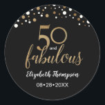 50 and fabulous gold black confetti 50th birthday classic round sticker<br><div class="desc">Make it easy to label gifts,  giveaways,  envelopes for  her 50th birthday celebration. "50 and fabulous" gold text with gold and white confetti on black. Personalize with the birthday celebrant's name and golden birthday party date.</div>