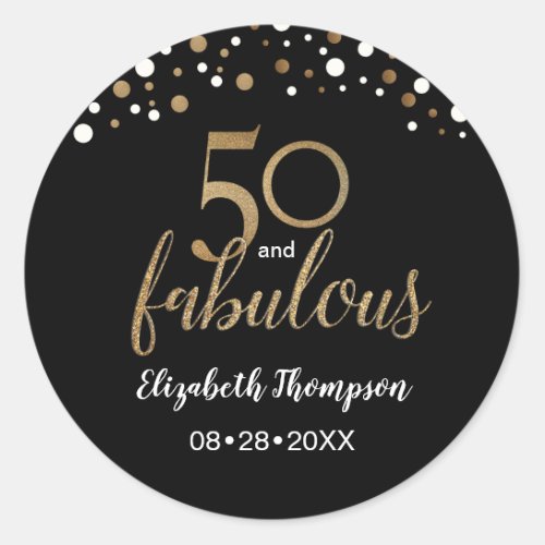 50 and fabulous gold black confetti 50th birthday classic round sticker