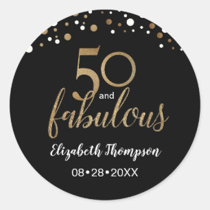 50 and fabulous gold black confetti 50th birthday classic round sticker