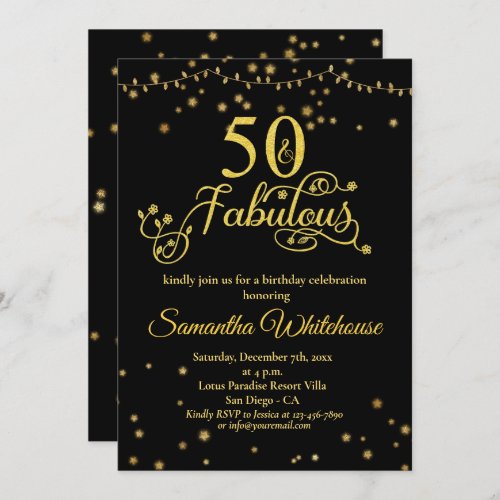 50 and Fabulous Gold Black Glitter Birthday   Invi Invitation