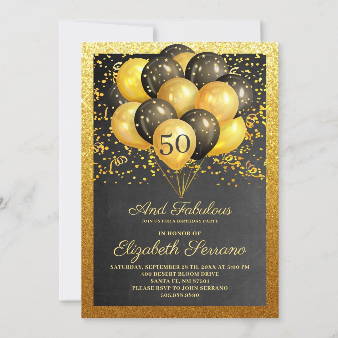 50 And Fabulous Gold Black Glitter Invitation | Zazzle