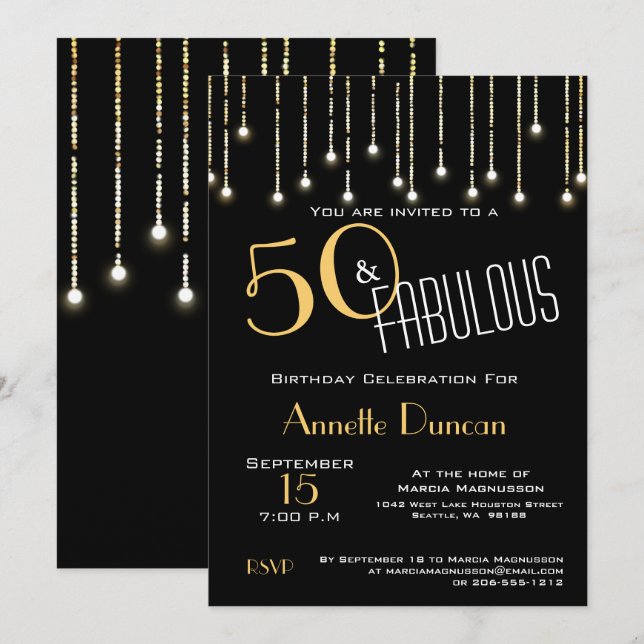 50 and Fabulous Gold Black Lights Birthday Party Invitation (Front/Back)