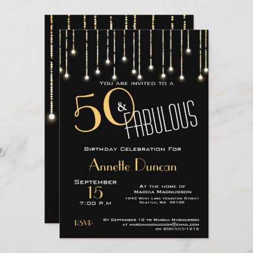 50 and Fabulous Gold Black Lights Birthday Party Invitation