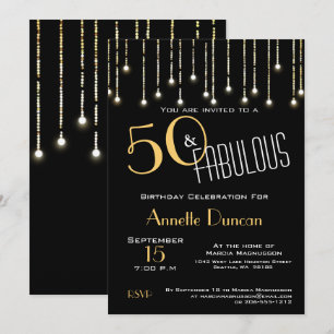 50 and Fabulous Gold Black Lights Birthday Party Invitation