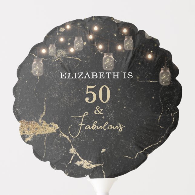 50 and Fabulous Gold Black Marble Mason Jar Lights Balloon (Front)