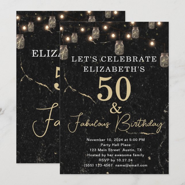 50 and Fabulous Gold Black Marble Mason Jar Lights Invitation (Front/Back)