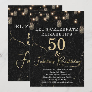 50 and Fabulous Gold Black Marble Mason Jar Lights Invitation