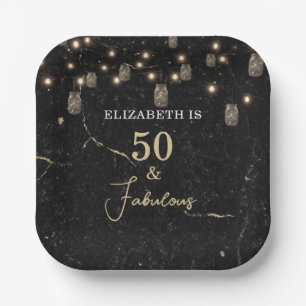 50 and Fabulous Gold Black Marble Mason Jar Lights Paper Plates