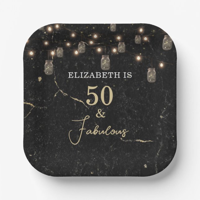 50 and Fabulous Gold Black Marble Mason Jar Lights Paper Plates (Front)