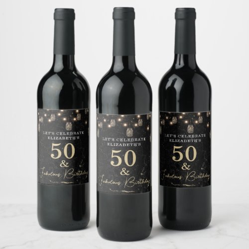 50 and Fabulous Gold Black Marble Mason Jar Lights Wine Label