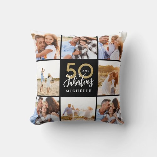 50 and fabulous gold black photo birthday  throw pillow
