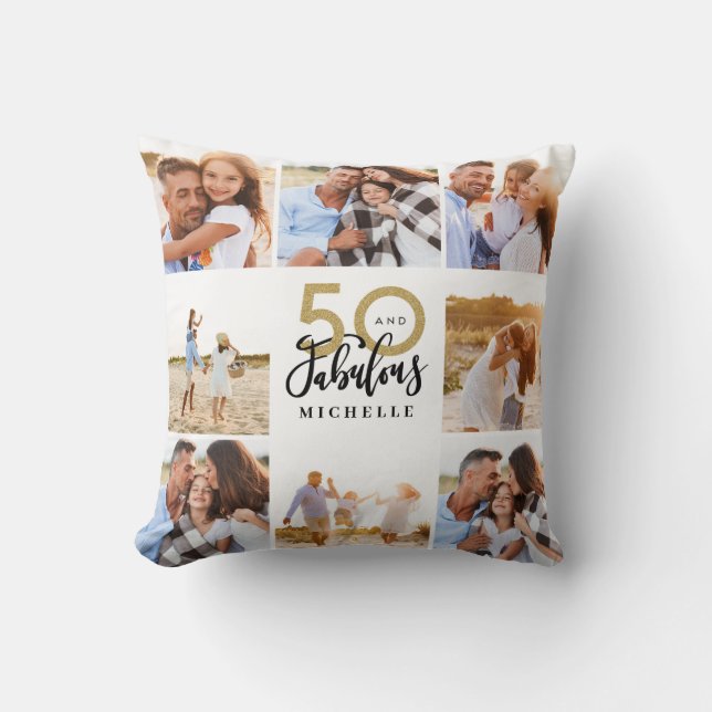 50 and fabulous gold black photo birthday  throw pillow (Front)