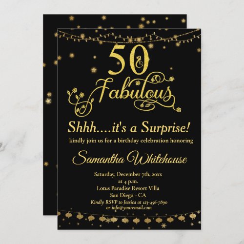 50 and Fabulous Gold Black Surprise Birthday  Invitation