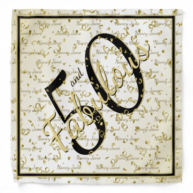 50 and Fabulous Gold & Black Your Name Pattern Bandana (Front)