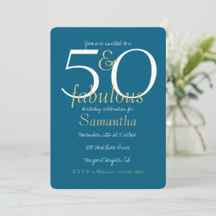 50 and Fabulous Gold Blue 50th Birthday Invitation
