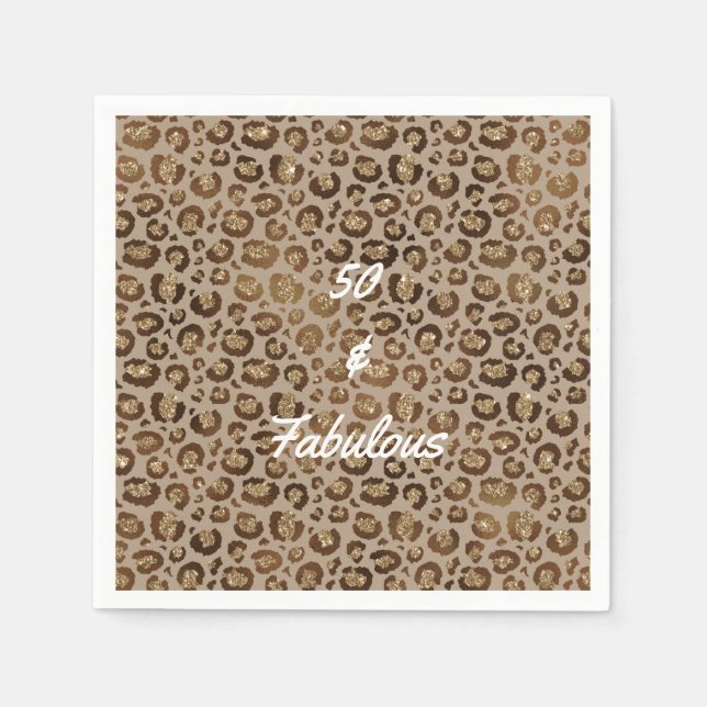 50 and Fabulous Gold Cheetah Glitter Napkins (Front)