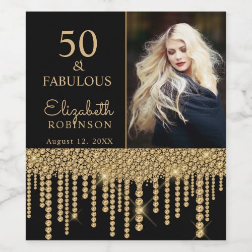 50 and Fabulous Gold Drips Pearl Birthday Party Wine Label