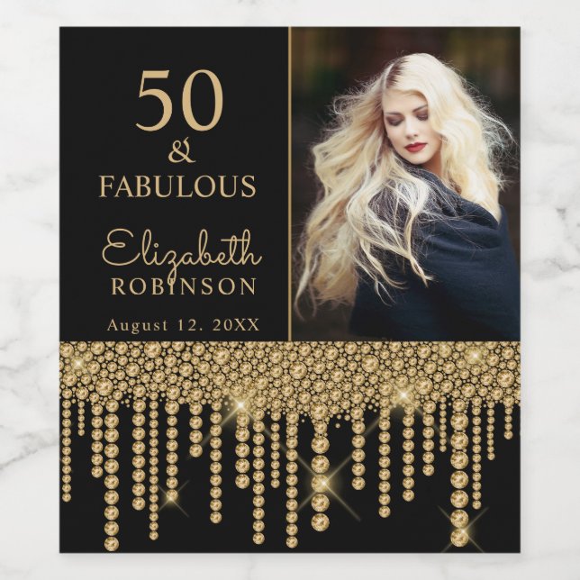 50 and Fabulous Gold Drips Pearl Birthday Party Wine Label (Single Label)