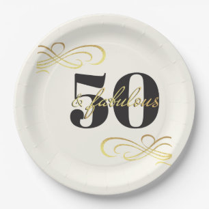 50 and Fabulous Gold Effect 50th Birthday Party Paper Plates