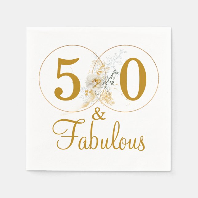 50 and Fabulous Gold Floral Birthday Party Napkins (Front)