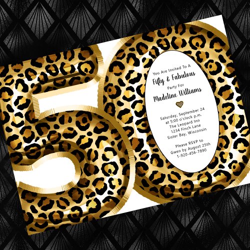 50 and Fabulous Gold Foil Leopard Print Invitation