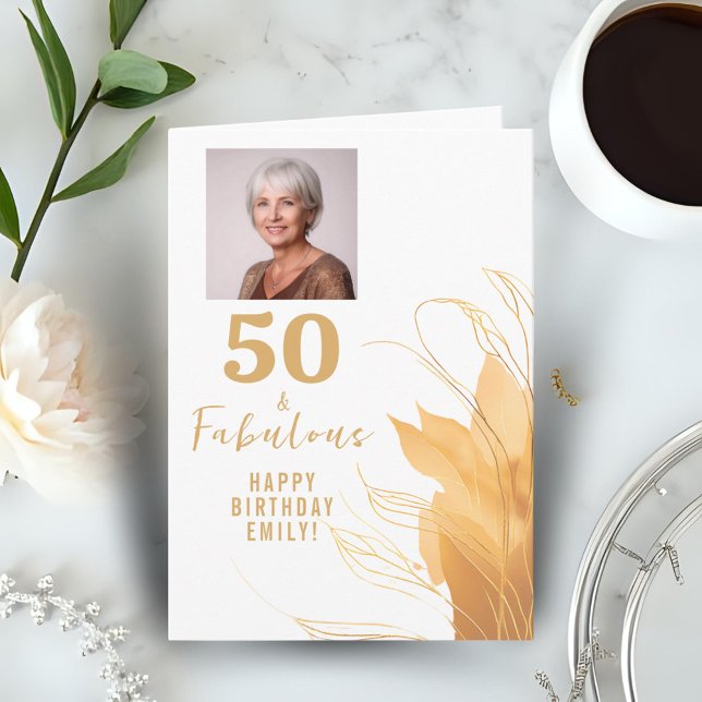 50 and Fabulous Gold Foliage 50th Birthday Photo Card (Creator Uploaded)