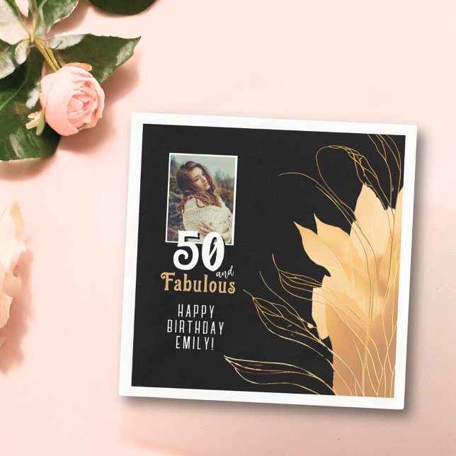 50 and Fabulous Gold Foliage 50th Birthday Photo Napkins (Creator Uploaded)
