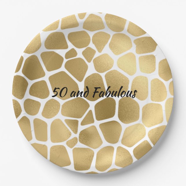 50 and Fabulous Gold Giraffe Print Abstract Paper Plates (Front)