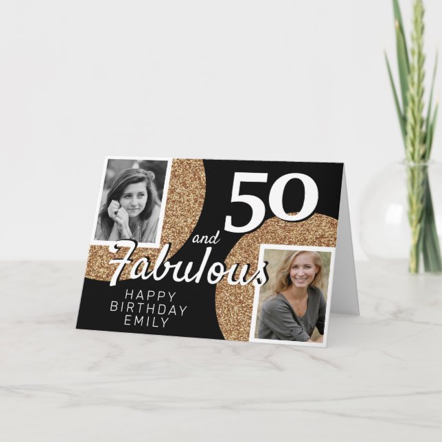 50 and Fabulous Gold Glitter 2 Photo 50th Birthday Card (Front)