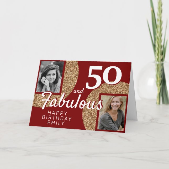 50 and Fabulous Gold Glitter 2 Photo 50th Birthday Card (Front)