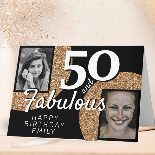50 and Fabulous Gold Glitter 2 Photo 50th Birthday Card (Creator Uploaded)