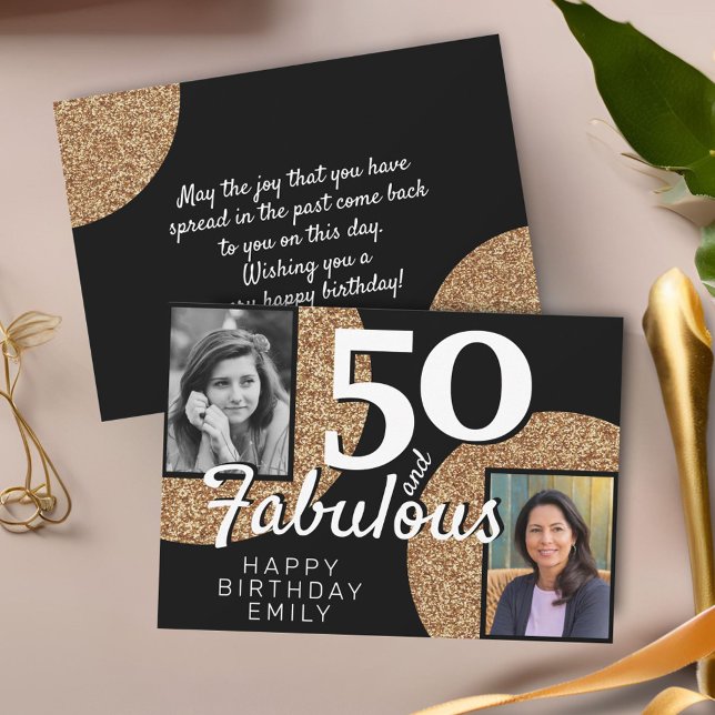 50 and Fabulous Gold Glitter 2 Photo 50th Birthday Card (Creator Uploaded)