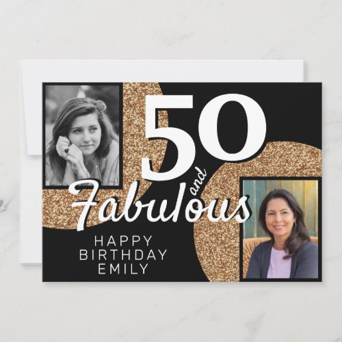 50 and Fabulous Gold Glitter 2 Photo 50th Birthday Card
