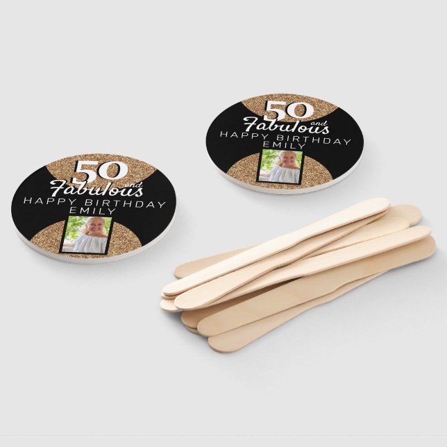 50 and Fabulous Gold Glitter 2 Photo 50th Birthday Hand Fan (Non-assembled)