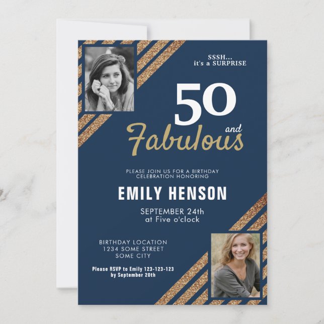 50 and Fabulous Gold Glitter 2 Photo 50th Birthday Invitation (Front)