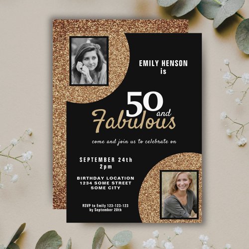 50 and Fabulous Gold Glitter 2 Photo 50th Birthday Invitation