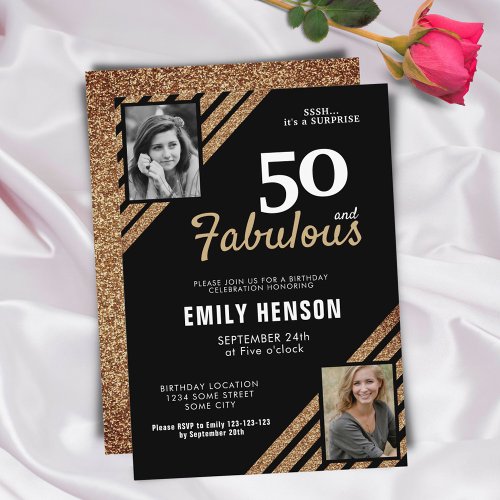 50 and Fabulous Gold Glitter 2 Photo 50th Birthday Invitation