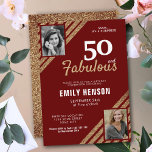 50 and Fabulous Gold Glitter 2 Photo 50th Birthday Invitation<br><div class="desc">50 and Fabulous Gold Glitter 2 Photo 50th Birthday Surprise Party Invitation. Modern and elegant dark red and faux gold glitter birthday invitation for her. Add your photos - you can use an old and a new photo. You can change all the text.</div>