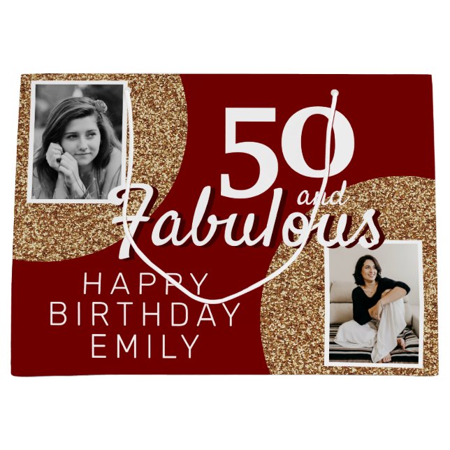 50 and Fabulous Gold Glitter 2 Photo 50th Birthday Large Gift Bag (Front)