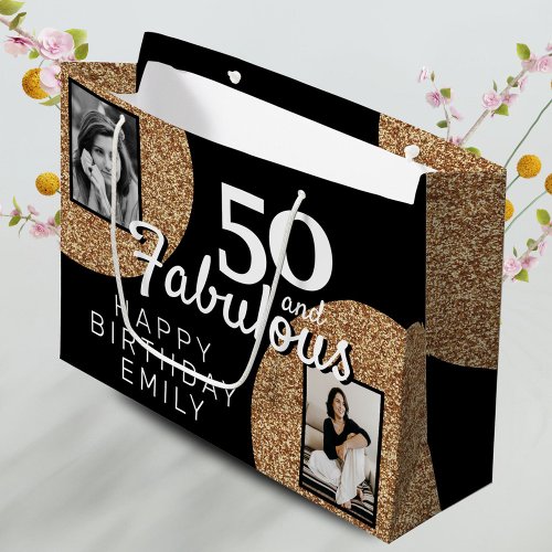 50 and Fabulous Gold Glitter 2 Photo 50th Birthday Large Gift Bag