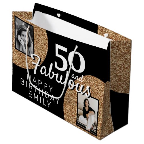 50 and Fabulous Gold Glitter 2 Photo 50th Birthday Large Gift Bag