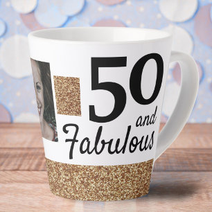 50 and Fabulous Gold Glitter 2 Photo 50th Birthday Latte Mug