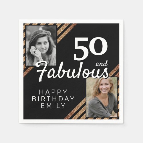 50 and Fabulous Gold Glitter 2 Photo 50th Birthday Napkins