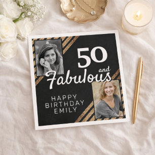 50 and Fabulous Gold Glitter 2 Photo 50th Birthday Napkins
