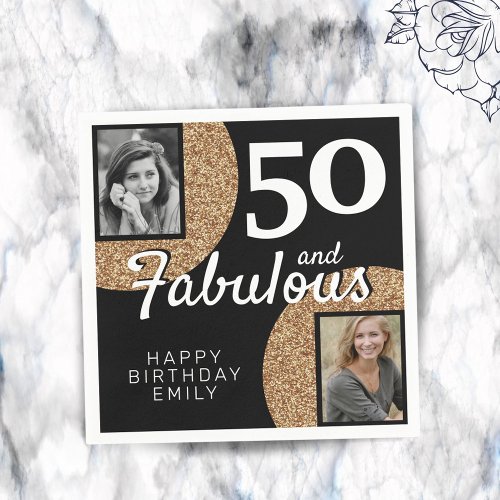 50 and Fabulous Gold Glitter 2 Photo 50th Birthday Napkins