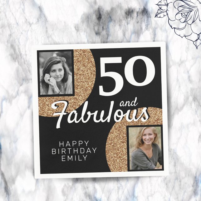 50 and Fabulous Gold Glitter 2 Photo 50th Birthday Napkins (Creator Uploaded)