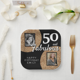 50 and Fabulous Gold Glitter 2 Photo 50th Birthday Paper Plates