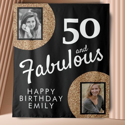 50 and Fabulous Gold Glitter 2 Photo 50th Birthday Tapestry